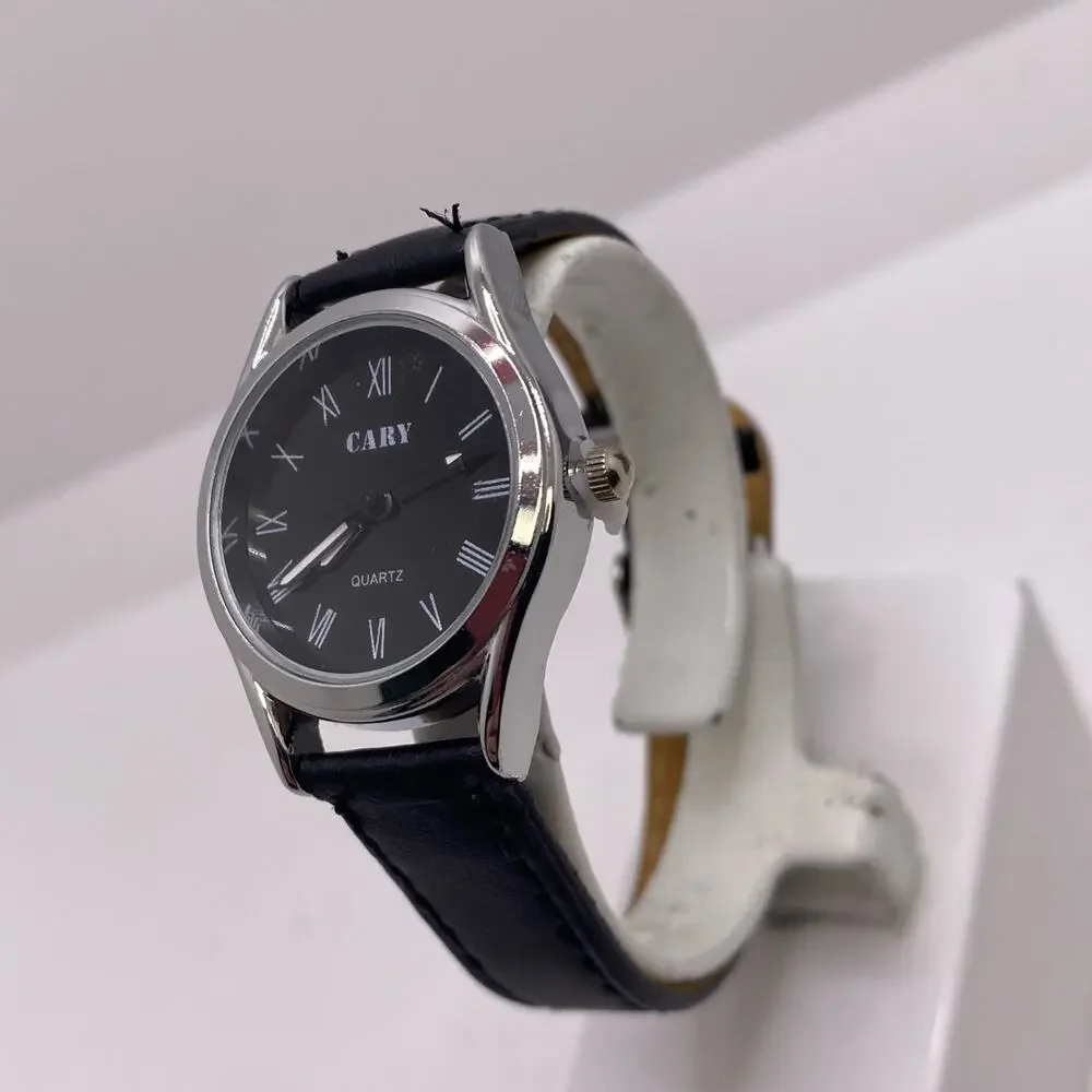 Cary Womens Silver Tone Black Leather Watch Works New Battery